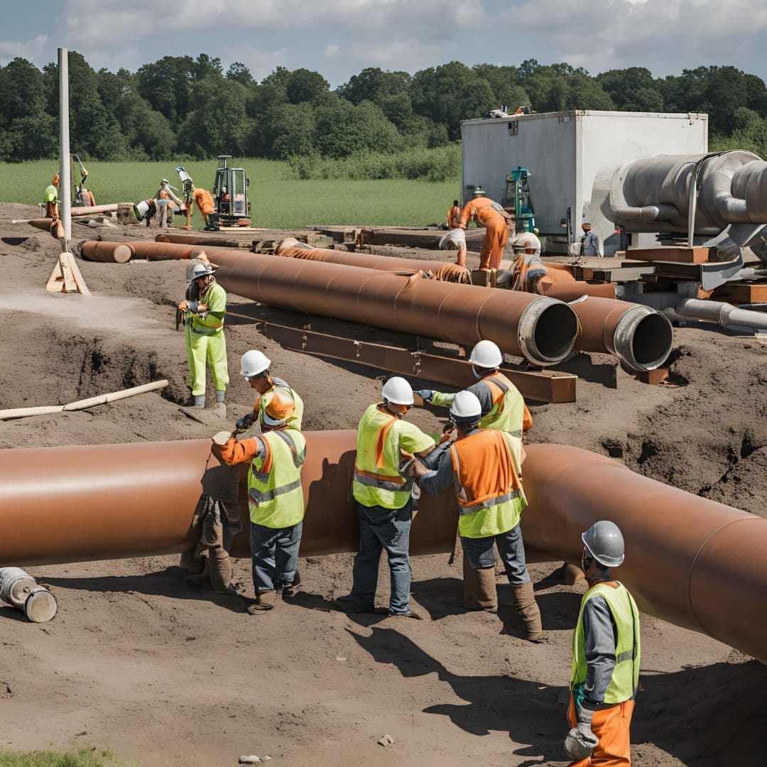 Construction site with workers and a funnel